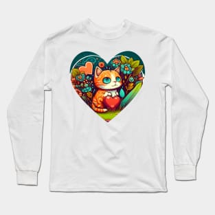 Bright Eyed Orange Cat With Big Heart In The Garden - Funny Cats Long Sleeve T-Shirt